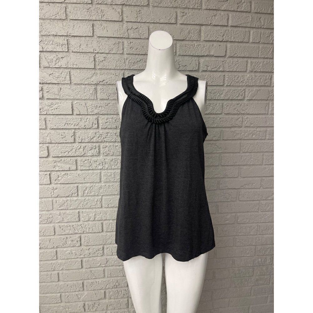 Spense Women Sleeveless Black Pleaded Faux Leather Neckline Top Size M